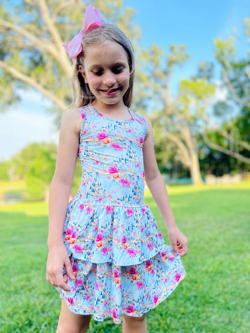 Girls Pink Castle Tank Dress with Matching Bow - Bowtism